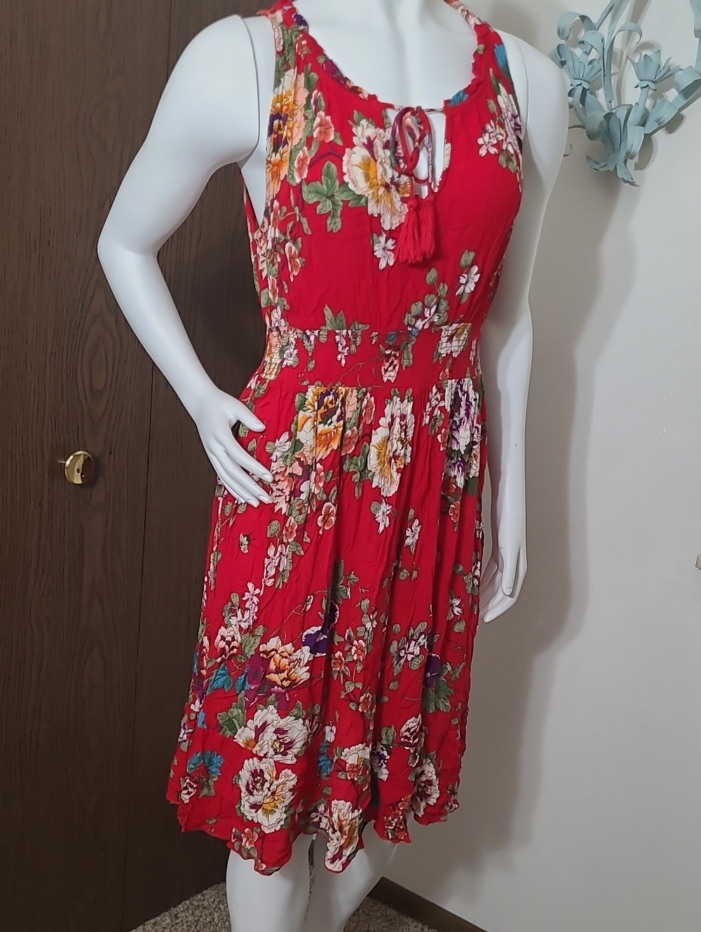 Bila Red Floral Tie-Neck Midi Dress
